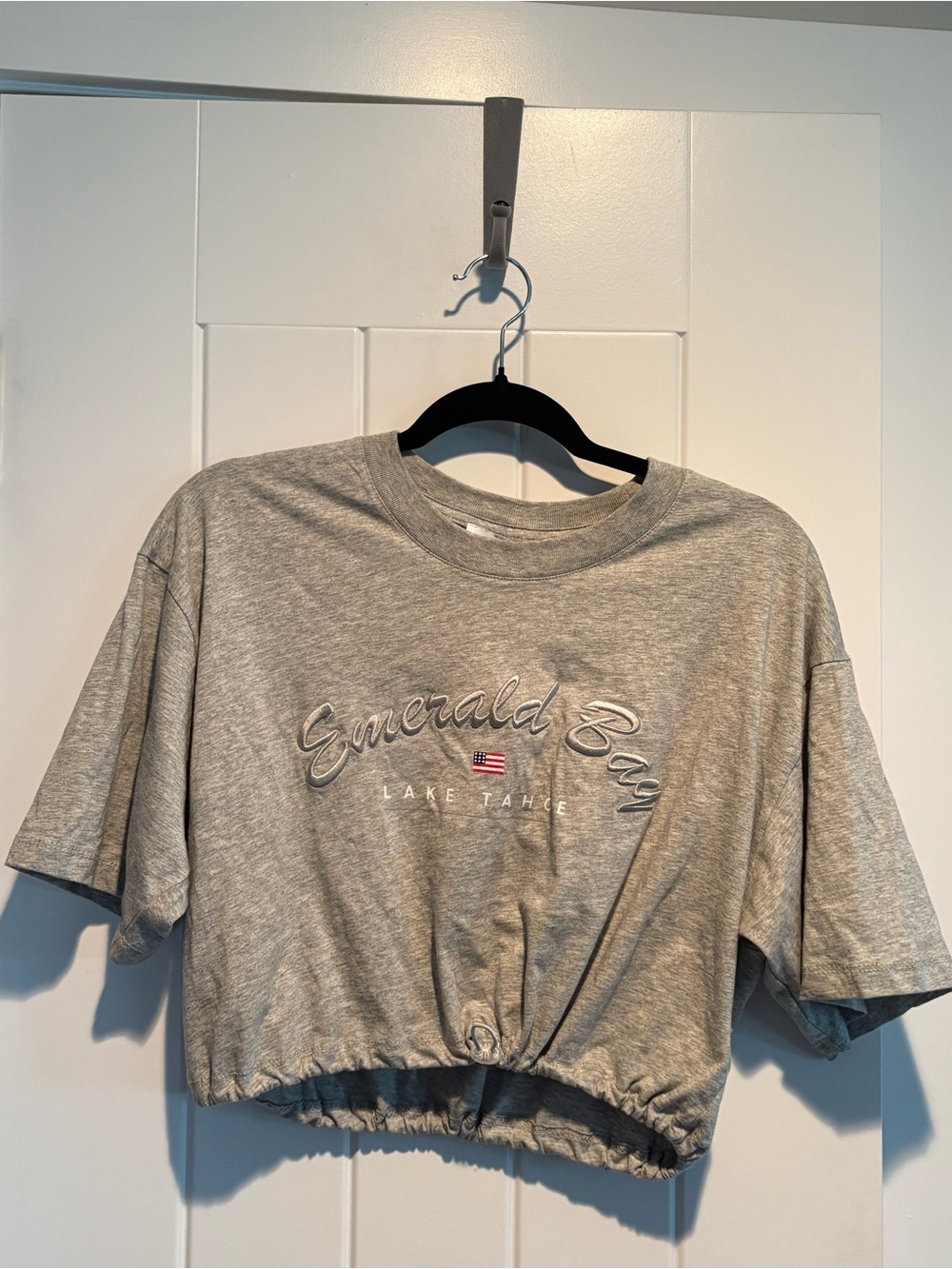 NWT Heather Gray Cropped Tee with 'Emerald Bay' Lake Tahoe Script SUPRE